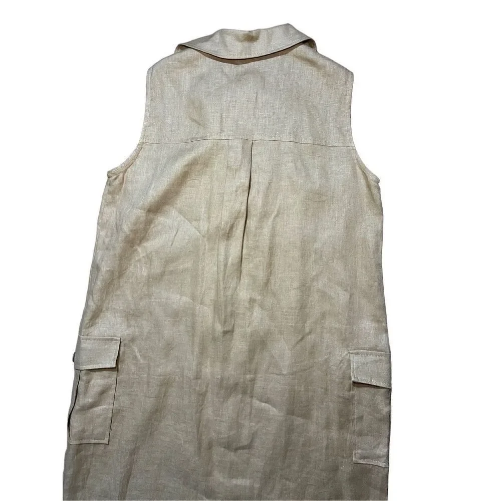 NEW adL womens linen button down midi dress cottage safari natural sz M in camel